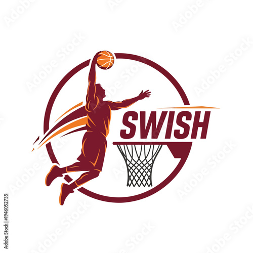 Dynamic basketball player executing a swift slam dunk, a vibrant vector graphic for sports.