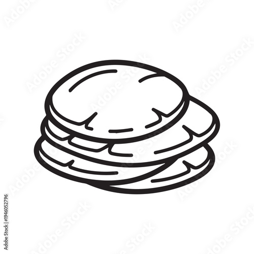 Stack of Round Flatbreads Simple Line Art Illustration Isolated on White