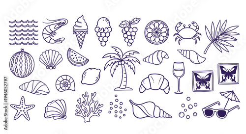 Set of 25 beach icons vector, purple line art