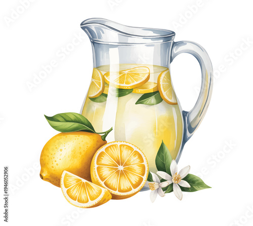 Fresh lemon lemonade pitcher with citrus fruit and leaves in soft watercolor. Summer lemon lemonade drink with fresh citrus fruit.