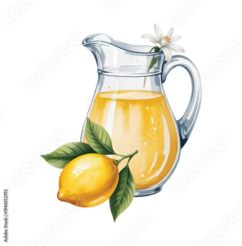 Fresh lemon lemonade pitcher with citrus fruit and leaves in soft watercolor. Summer lemon lemonade drink with fresh citrus fruit.