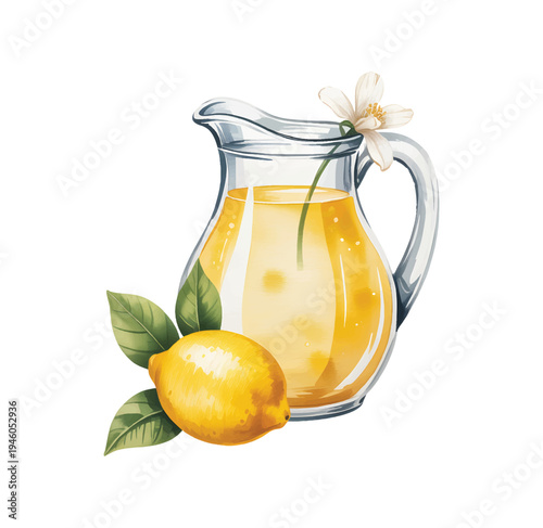 Fresh lemon lemonade pitcher with citrus fruit and leaves in soft watercolor. Summer lemon lemonade drink with fresh citrus fruit.