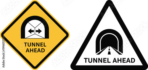 Tunnel Ahead Traffic Warning Sign Set on Yellow and White Background Vector Illustration