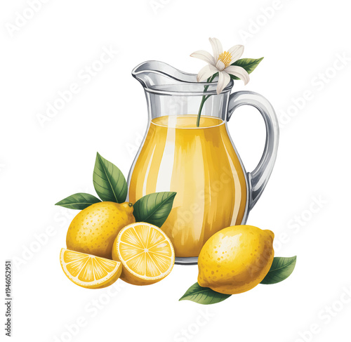 Fresh lemon lemonade pitcher with citrus fruit and leaves in soft watercolor. Summer lemon lemonade drink with fresh citrus fruit.