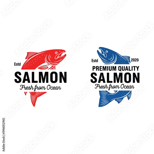Premium Quality Fresh Salmon Fish Emblems and Labels Vector Illustration Set