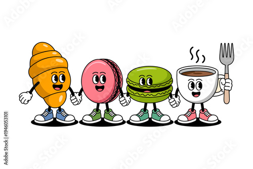 A colorful illustration of anthropomorphic food items, including a croissant, donut, kiwi, and coffee cup, standing together in a friendly line.