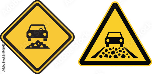 Road signs warning of slippery and loose gravel ahead