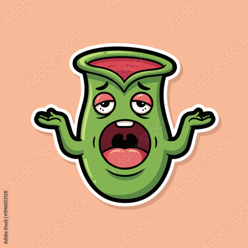 Angry green cartoon beaker emoticon face.