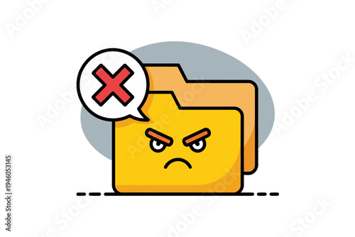 A cartoon folder icon with an angry face and a red X symbol in a speech bubble, indicating deletion or error.