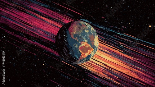 A vibrant digital illustration of Earth moving swiftly through a colorful, starry galaxy with streaks of light.