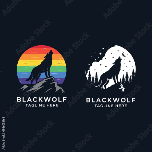 Howling Wolf Silhouette Logo Design in Colorful Sunset and Night Wilderness Vector Art