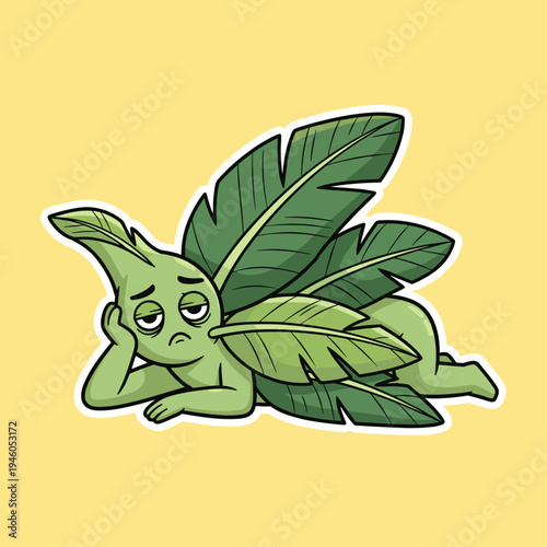 Green cartoon character with leaves.