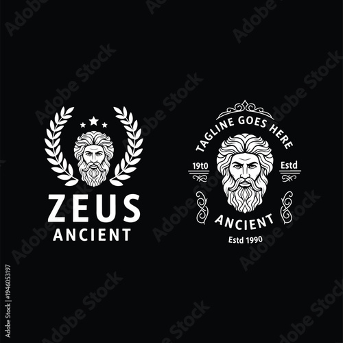 Classic bearded deity emblem design, a vintage ancient mythological figure vector illustration for branding
