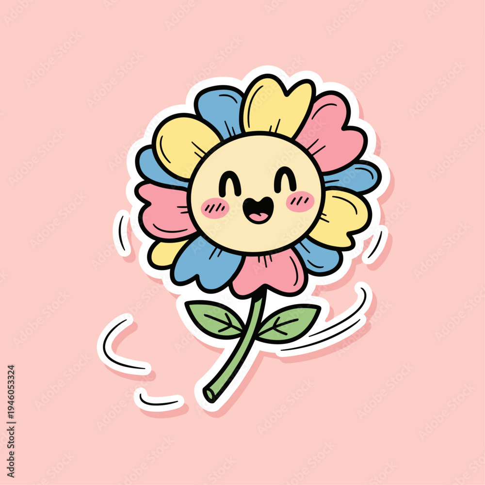 Fototapeta premium Smiling Cartoon Flower Face Closeup.