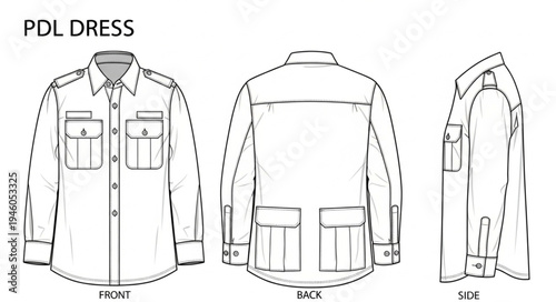Technical Drawing of a PDL Dress with Front, Back, and Side Views.