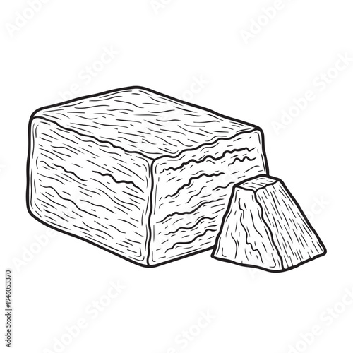 Block of Feta Cheese with Cut Piece Hand Drawn Sketch Style