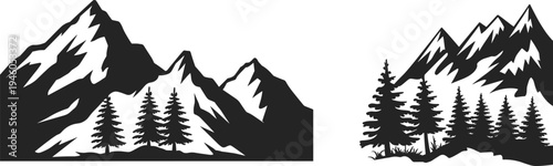 Mountain landscape silhouette with pine forest trees, alpine wilderness scenery, nature adventure background, black mountain range illustration design