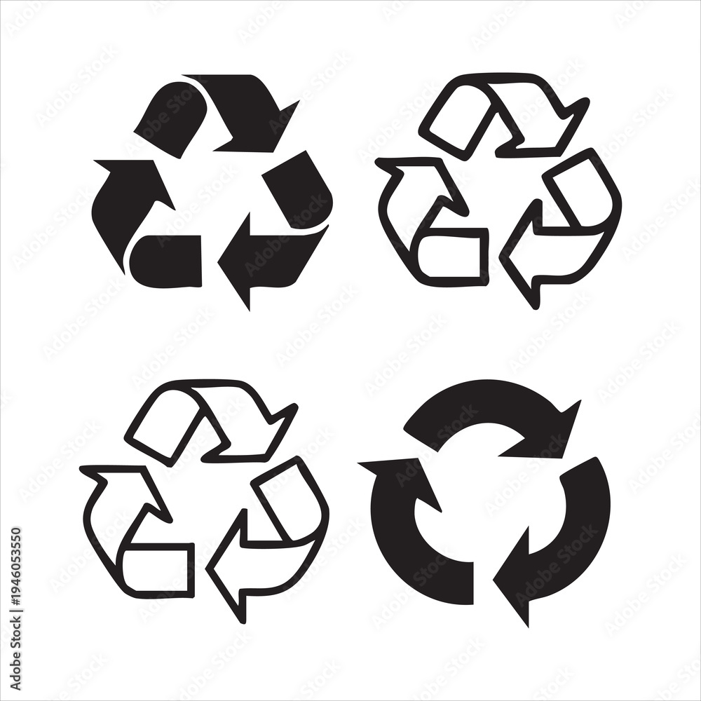 Obraz premium Recycling symbols collection featuring four different styles of triangular arrow icons for ecology