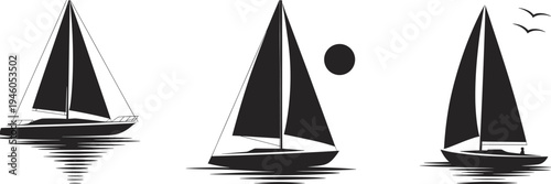 Sailboat silhouette set on sea water, sailing yacht with reflection, ocean travel adventure, nautical transport illustration isolated
