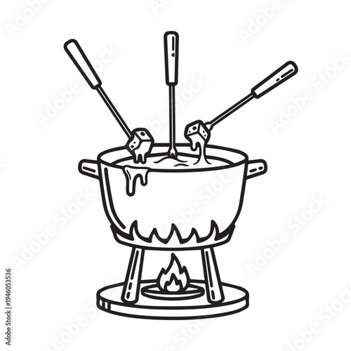 Cheese Fondue Pot with Forks and Cubes Warm Meal Line Art Illustration
