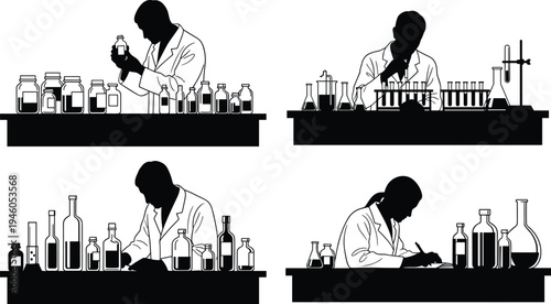 Scientist working in laboratory silhouette set with test tubes and chemical bottles, scientific research experiment concept illustration isolated