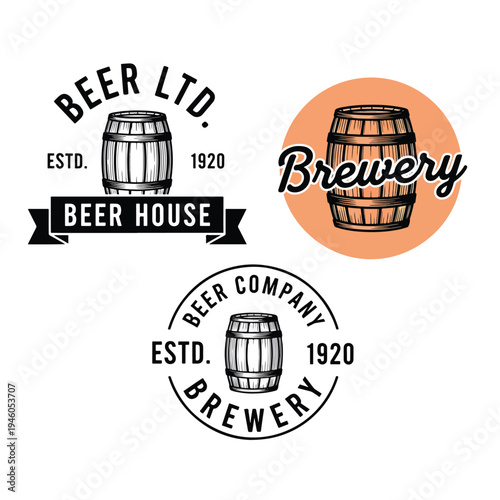 Classic Beer Brewery Emblems: Vintage-Style Barrel Logos for Craft Beverage Branding Vector Illustration