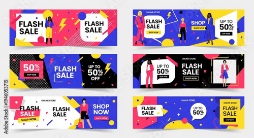 Flash Sale Banner Set with Colorful Designs and Discount Offers.