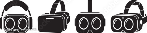 Four different virtual reality headsets on a white background in black and white