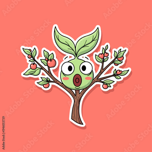 Cartoon tree creature with green face.