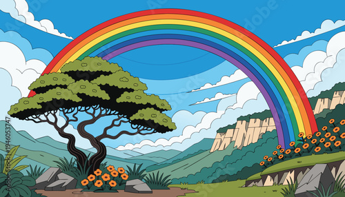 A tree under a vibrant rainbow in a mountainous landscape