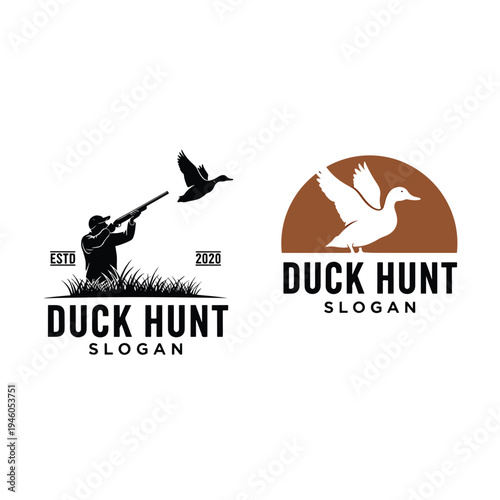Classic duck hunting vector logos: hunter aiming at flying waterfowl and a graceful duck silhouette design.