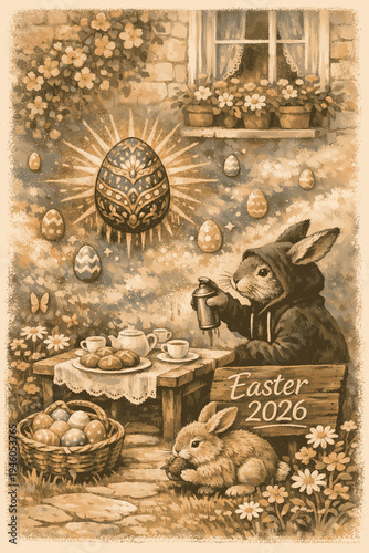 rabbit in hoodie with colorful eggs, easter scene with pastel flowers and decorative tableware