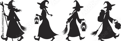 Vintage Halloween witch silhouettes, walking witches with broom and lantern, spooky female witch characters, magical night illustration set collection