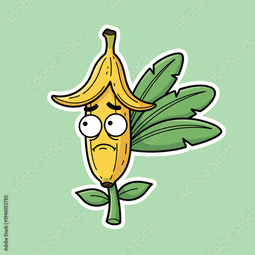 Sad cartoon banana fruit with face.