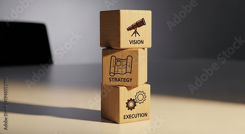 Minimal wooden cube stack representing business vision strategy execution and leadership planning concept
