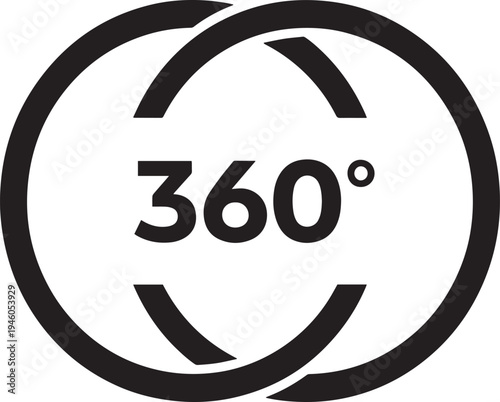 A black and white icon representing 360 degrees with a circular arrow design