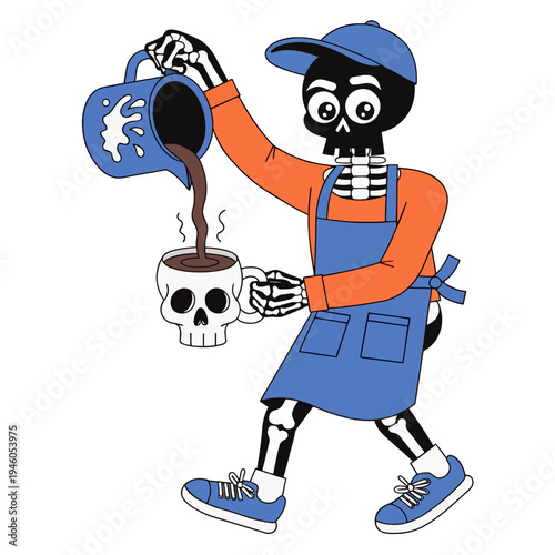 Funny Halloween Skeleton Barista Pouring Coffee into a Skull Mug with a Blue Apron and Cap