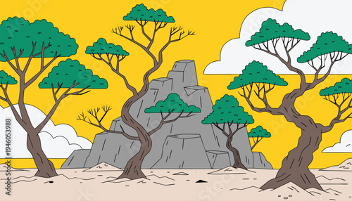 Vibrant cartoon landscape of A serene winding path through a vibrant meadow with a solitary tree and distant mountains Vector