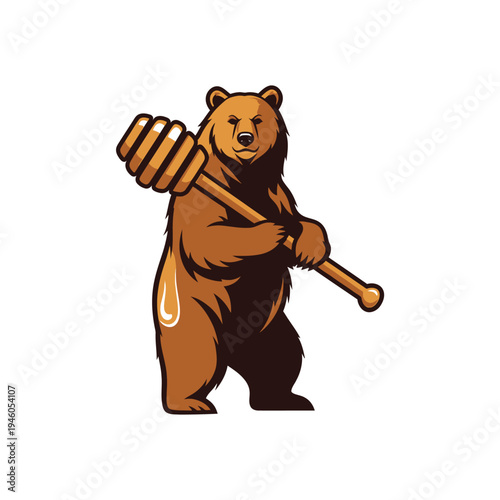 Strong brown bear holding a large honey dipper, ready for sweet treats.