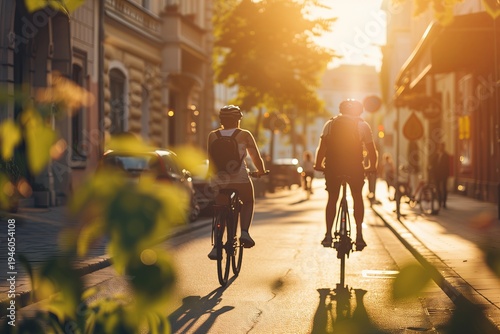 Friends cycling through sunny European street to coffee shop
