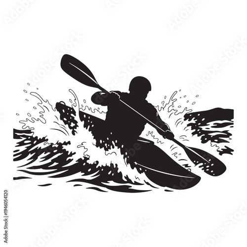 A kayaker paddles through turbulent water in a dramatic silhouette