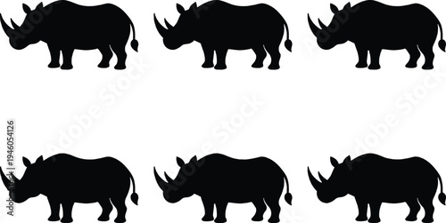 Six black rhinoceros silhouettes arranged in two rows of three on a white background, representing wildlife and conservation.