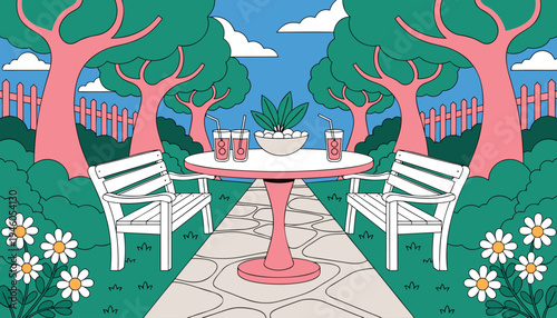 Vibrant cartoon landscape of Serene countryside villa surrounded by rolling vineyards and towering cypress trees Vector