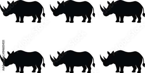Six black rhinoceros silhouettes arranged in two rows of three on a white background, representing wildlife and conservation.