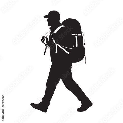 A hiker walks in silhouette with a backpack and trekking poles on a plain background