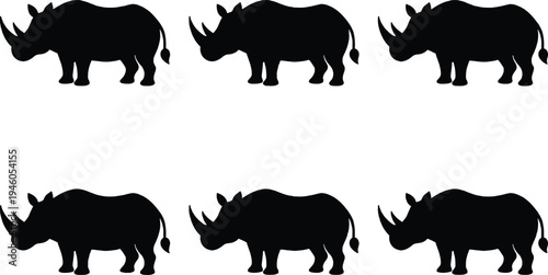 Six black rhinoceros silhouettes arranged in two rows of three on a white background, representing wildlife and conservation.