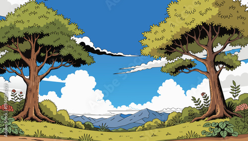 Vibrant cartoon landscape of Serene countryside with rolling hills and rustic home amidst nature Vector