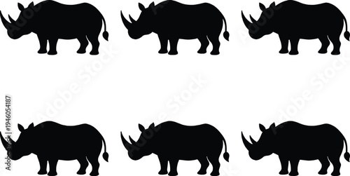 Six black rhinoceros silhouettes arranged in two rows on a white background, representing wildlife and conservation themes.
