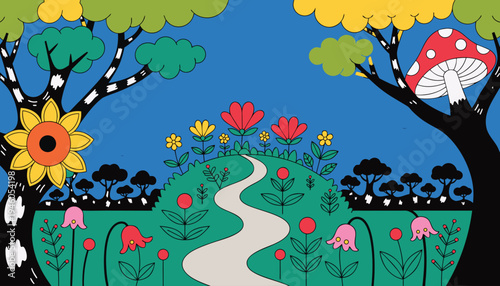 A colorful garden scene with a winding path