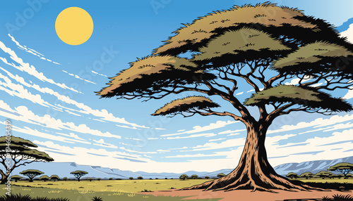 A large tree with a sprawling canopy stands alone in a field